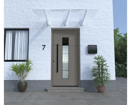 Vchod do domu s vchodovými dveřmi, poštovní schránkou, stříškou a hrnkovými rostlinami před bílou fasádou