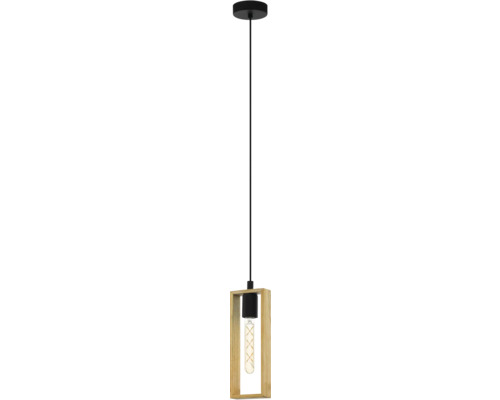 Závěsná lampa s dřevěným rámem a žárovkou