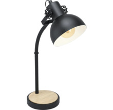 Stolní lampa s dřevěnou základnou a nastavitelnou hlavou lampy.