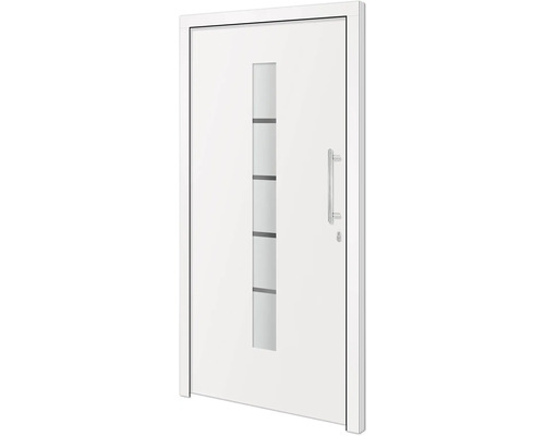 Bílé vchodové dveře se skleněnou vložkou a nerezovou klikou