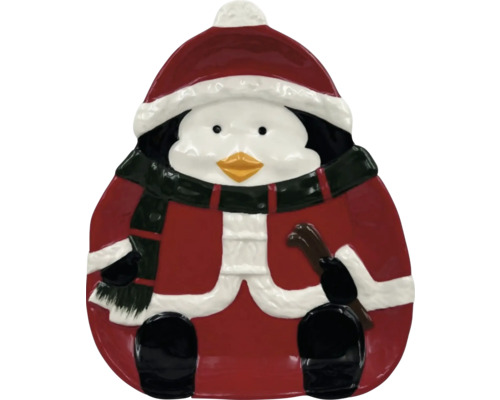 Dekorativní talíř Tučňák keramický 12 x 20 x 3 cm Talíř ve tvaru tučňáka s čepicí a kabátem