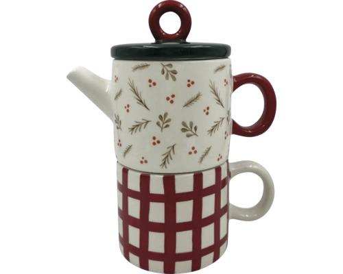 Čajová konvice s šálkem, naskládané na sobě