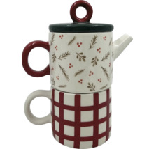 Čajová konvice s šálkem, s kostkovaným vzorem a rostlinnými motivy