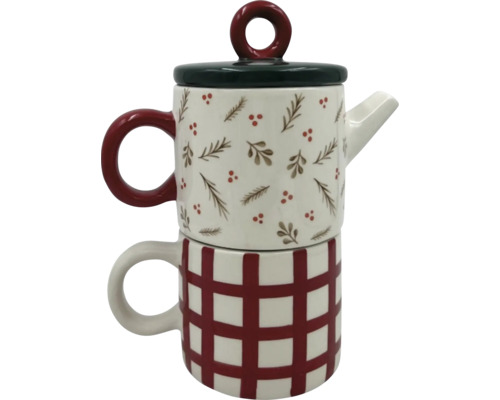 Čajová konvice s šálkem, s kostkovaným vzorem a rostlinnými motivy