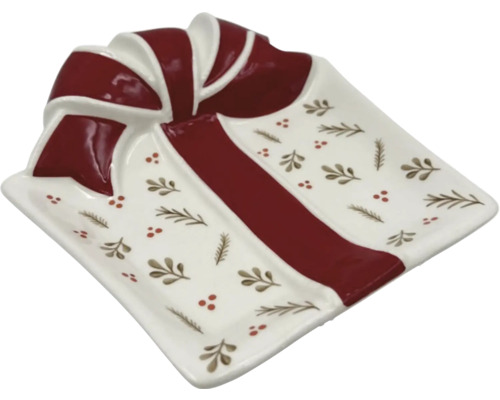 Dekorativní mísa ve tvaru dárku s mašlí a vánočním motivem