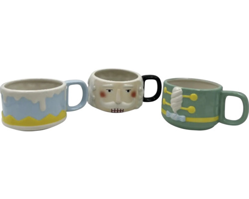 Tři ozdobné hrnky na kávu s různými motivy