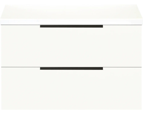 Bílá skříňka pod umyvadlo se dvěma zásuvkami a úchytkami