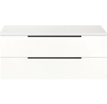 Bílá skříňka pod umyvadlo se dvěma zásuvkami a madly