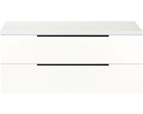 Bílá skříňka pod umyvadlo se dvěma zásuvkami a madly