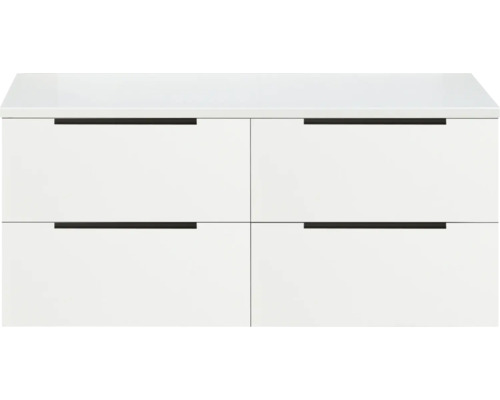 Skříňka pod umyvadlo Sanox Seville bílá 120 x 53 x 45 cm Bílá skříňka pod umyvadlo se čtyřmi zásuvkami a černými úchyty