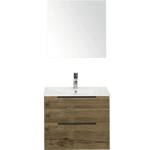 Umyvadlová sestava se zrcadlem a dvěma zásuvkami v designu dřeva