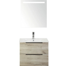 Umyvadlová skříňka se zrcadlem a dvěma zásuvkami v dřevěném designu