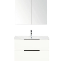 Závěsná zrcadlová skříňka s umyvadlovou skříňkou a armaturou do koupelny