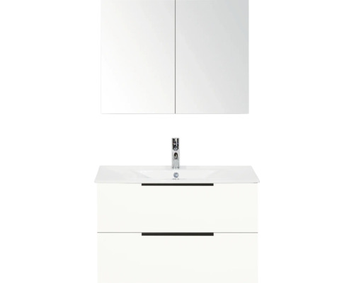 Závěsná zrcadlová skříňka s umyvadlovou skříňkou a armaturou do koupelny