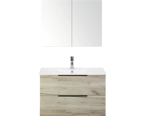 Koupelnová sestava Sanox Seville 80 cm craft oak Sestava koupelnového nábytku s umyvadlem, spodní skříňkou se zásuvkami a zrcadlovou skříňkou