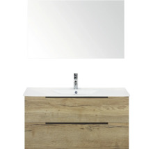 Umývadlová kombinace se zrcadlem, skříňka pod umyvadlo se dvěma zásuvkami a dřevěným dekorem