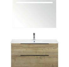 Umyvadlová skříňka se dvěma zásuvkami, umyvadlem a osvětleným zrcadlem do koupelny