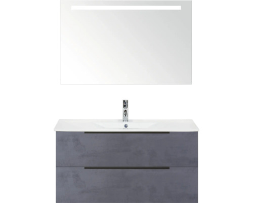 Umyvadlo s umyvadlovou skříňkou a osvětleným zrcadlem