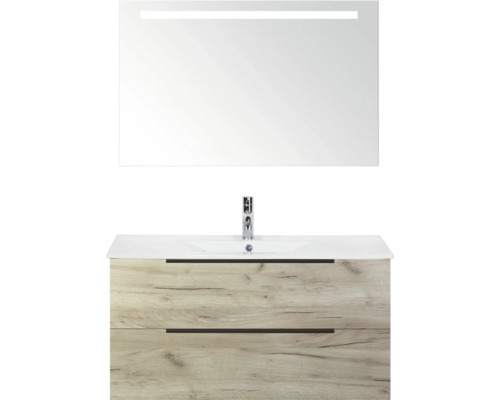 Umyvadlo se skříňkou, dvě zásuvky, umyvadlo na desku a zrcadlo s osvětlením