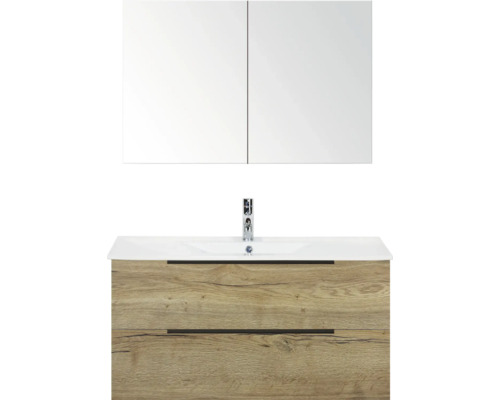 Umyvadlová skříňka se zrcadlem, dřevěným dekorem a zásuvkami