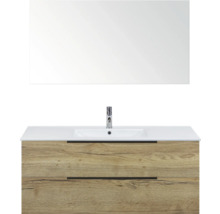 Umyvadlová skříňka se zrcadlem, vzhled dřeva a dvě zásuvky do koupelny