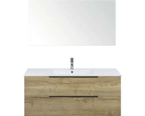 Umyvadlová skříňka se zrcadlem, vzhled dřeva a dvě zásuvky do koupelny