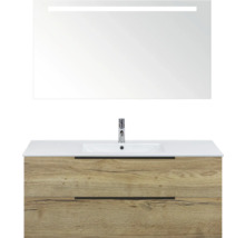 Kombinace umyvadla se zrcadlem a dvěma zásuvkami ve vzhledu dřeva