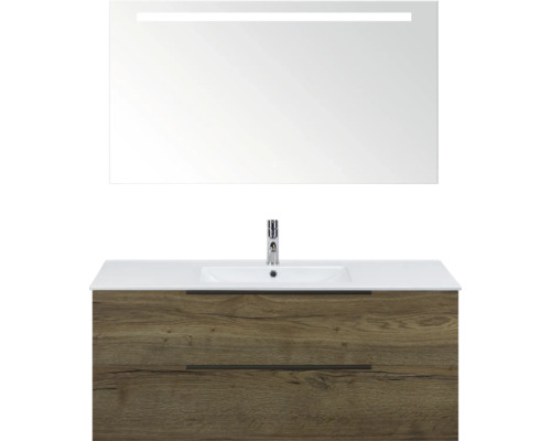 Umyvadlová skříňka se dvěma zásuvkami, umyvadlo na desku a zrcadlo s osvětlením