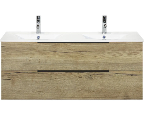 Skříňka pod umyvadlo se dvěma umyvadly a dvěma zásuvkami v dřevěném vzhledu