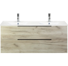 Skříňka pod umyvadlo se dvěma umyvadly a zásuvkami ve vzhledu dřeva