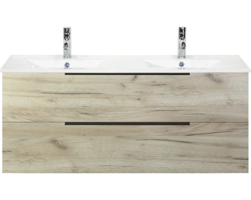 Skříňka pod umyvadlo se dvěma umyvadly a zásuvkami ve vzhledu dřeva