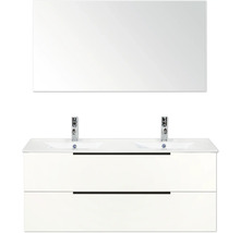 Umyvadlová skříňka se dvěma umyvadly, dvěma zásuvkami, dvěma kohoutky a zrcadlem do koupelny