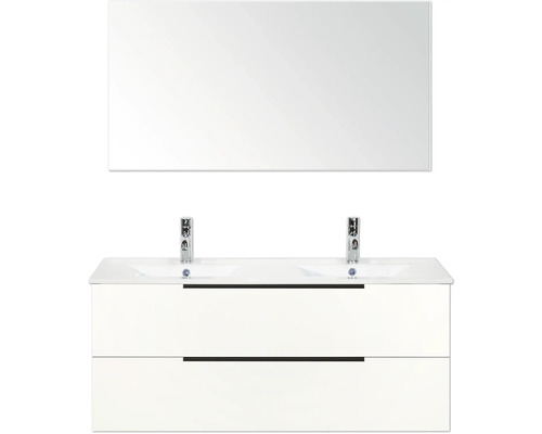 Umyvadlová skříňka se dvěma umyvadly, dvěma zásuvkami, dvěma kohoutky a zrcadlem do koupelny