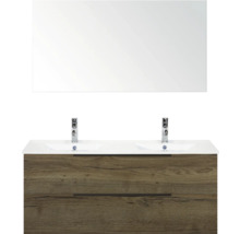 Umyvadlo se zrcadlem a dřevěnou spodní skříňkou do koupelny