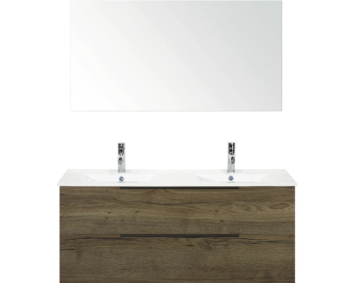 Umyvadlo se zrcadlem a dřevěnou spodní skříňkou do koupelny