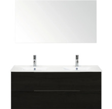 Umyvadlo se zrcadlem, spodní skříňkou, dvěma umyvadly a vodovodními bateriemi