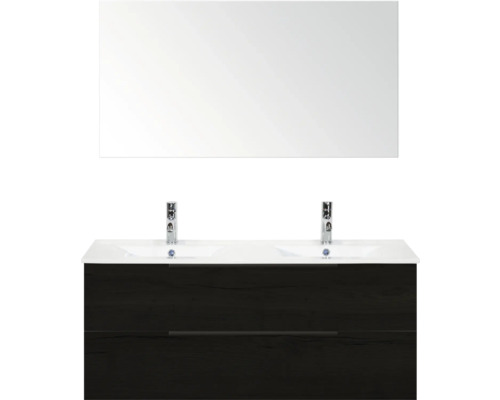 Umyvadlo se zrcadlem, spodní skříňkou, dvěma umyvadly a vodovodními bateriemi