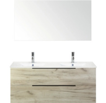 Umyvadlová skříňka se dvěma umyvadly, spodní skříňka se dvěma zásuvkami a zrcadlo do koupelny