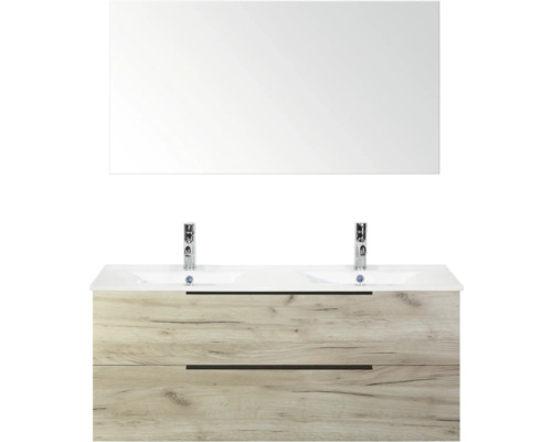 Umyvadlová skříňka se dvěma umyvadly, spodní skříňka se dvěma zásuvkami a zrcadlo do koupelny