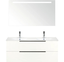 Umyvadlová skříňka se dvěma umyvadly, spodní skříňka se dvěma zásuvkami a zrcadlo s osvětlením do koupelny