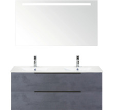 Umyvadlová skříňka se dvěma umyvadly, spodní skříňka se dvěma zásuvkami a zrcadlo s osvětlením do koupelny