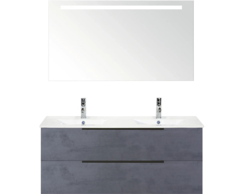 Umyvadlová skříňka se dvěma umyvadly, spodní skříňka se dvěma zásuvkami a zrcadlo s osvětlením do koupelny