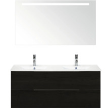 Umyvadlová sestava s dvojitým umyvadlem, spodní skříňkou a zrcadlem s osvětlením