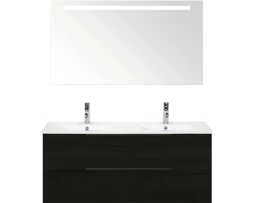 Umyvadlová sestava s dvojitým umyvadlem, spodní skříňkou a zrcadlem s osvětlením