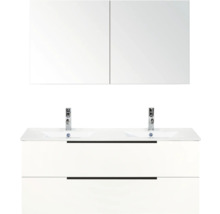 Dvojité umyvadlo se skříňkou a zrcadlovou skříňkou do koupelny