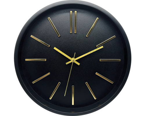 Černé nástěnné hodiny se zlatými ručičkami a značkami
