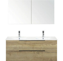 Umyvadlová skříňka se dvěma umyvadly, dvěma bateriemi, dvěma zásuvkami a zrcadlovou skříňkou