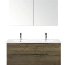 Skříňka s umyvadlem se dvěma umyvadly, zásuvkami a zrcadlovou skříňkou