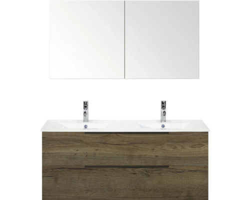 Skříňka s umyvadlem se dvěma umyvadly, zásuvkami a zrcadlovou skříňkou