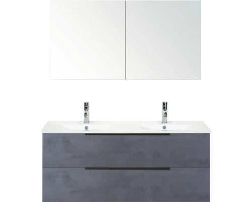 Umyvadlová skříňka se dvěma umyvadly, spodní skříňkou a zrcadlovou skříňkou